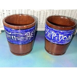 Pair of Dominican Republic‎ Wooden Hand Turned Cups Hand Painted